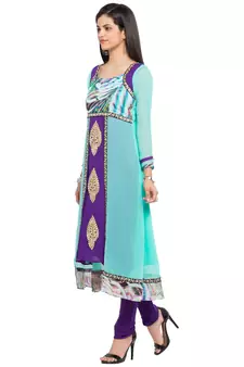 Blue Printed Georgette Stitched Long Kurti