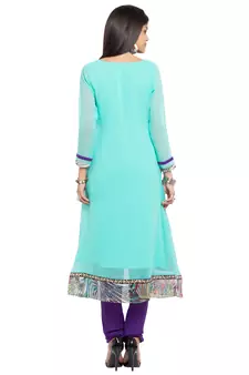 Blue Printed Georgette Stitched Long Kurti