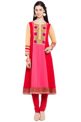 Red Embroidered Georgette Stitched Long Kurti 1