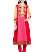 Red Embroidered Georgette Stitched Long Kurti
