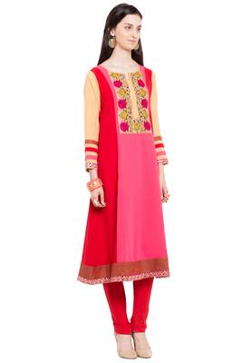 Red Embroidered Georgette Stitched Long Kurti 3