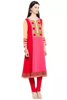 Red Embroidered Georgette Stitched Long Kurti