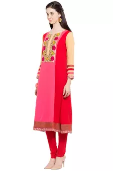 Red Embroidered Georgette Stitched Long Kurti