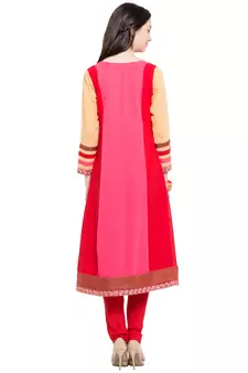 Red Embroidered Georgette Stitched Long Kurti