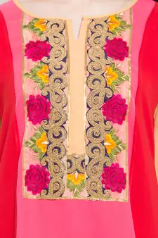 Red Embroidered Georgette Stitched Long Kurti