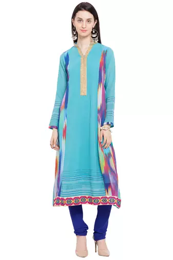 Blue Printed Georgette Stitched Long Kurti