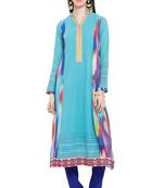 Blue Printed Georgette Stitched Long Kurti