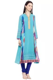 Blue Printed Georgette Stitched Long Kurti