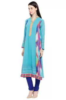 Blue Printed Georgette Stitched Long Kurti