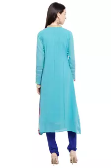 Blue Printed Georgette Stitched Long Kurti