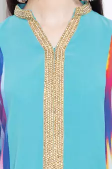 Blue Printed Georgette Stitched Long Kurti