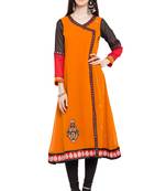 Orange Embroidered Georgette Stitched Long Kurti