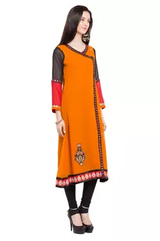 Orange Embroidered Georgette Stitched Long Kurti