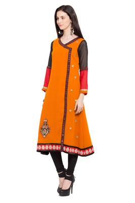 Orange Embroidered Georgette Stitched Long Kurti 4
