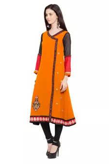 Orange Embroidered Georgette Stitched Long Kurti