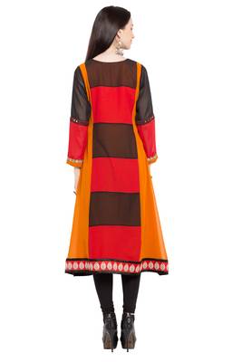 Orange Embroidered Georgette Stitched Long Kurti 5