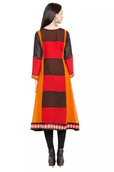 Orange Embroidered Georgette Stitched Long Kurti