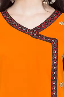 Orange Embroidered Georgette Stitched Long Kurti
