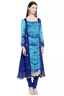 Blue Printed Georgette Stitched Long Kurti