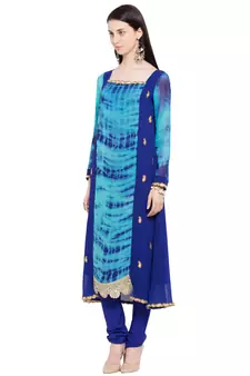 Blue Printed Georgette Stitched Long Kurti