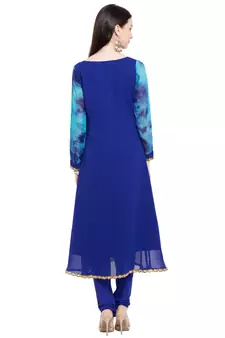 Blue Printed Georgette Stitched Long Kurti