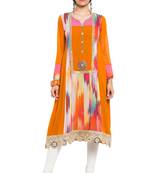 Orange Printed Georgette Stitched Long Kurti