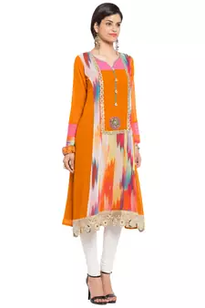 Orange Printed Georgette Stitched Long Kurti