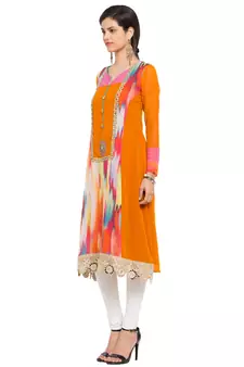 Orange Printed Georgette Stitched Long Kurti