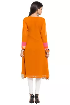 Orange Printed Georgette Stitched Long Kurti