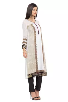 White Printed Cotton Stitched Long Kurti