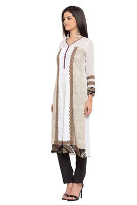 White Printed Cotton Stitched Long Kurti 4