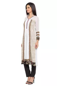 White Printed Cotton Stitched Long Kurti