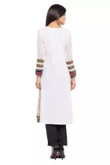 White Printed Cotton Stitched Long Kurti