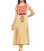 Beige Embroidered Cotton Stitched Long Kurti