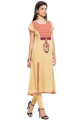 Beige Embroidered Cotton Stitched Long Kurti 3