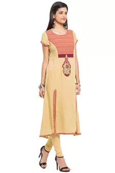 Beige Embroidered Cotton Stitched Long Kurti