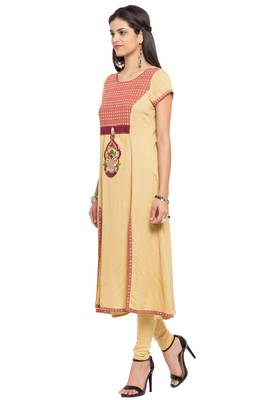 Beige Embroidered Cotton Stitched Long Kurti 4