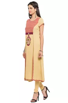 Beige Embroidered Cotton Stitched Long Kurti