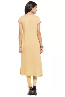 Beige Embroidered Cotton Stitched Long Kurti