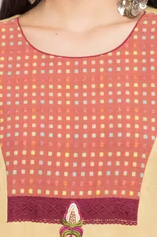 Beige Embroidered Cotton Stitched Long Kurti
