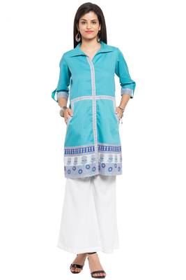 Blue Printed Cotton Stitched Long Kurti 1