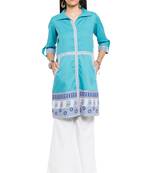 Blue Printed Cotton Stitched Long Kurti