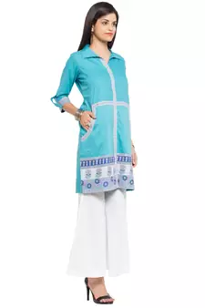 Blue Printed Cotton Stitched Long Kurti