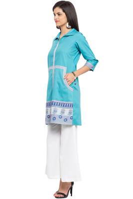 Blue Printed Cotton Stitched Long Kurti 4