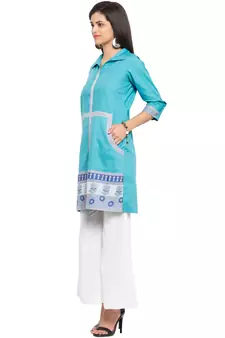 Blue Printed Cotton Stitched Long Kurti