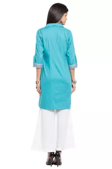 Blue Printed Cotton Stitched Long Kurti
