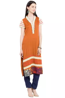 Brown Plain Cotton Stitched Long Kurti