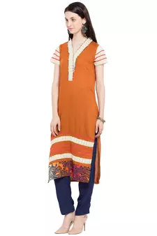 Brown Plain Cotton Stitched Long Kurti