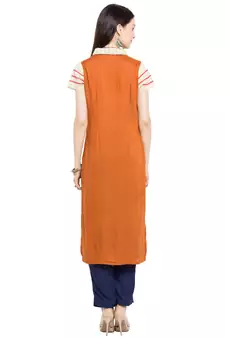 Brown Plain Cotton Stitched Long Kurti