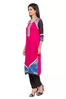 Pink Printed Cotton Stitched Long Kurti